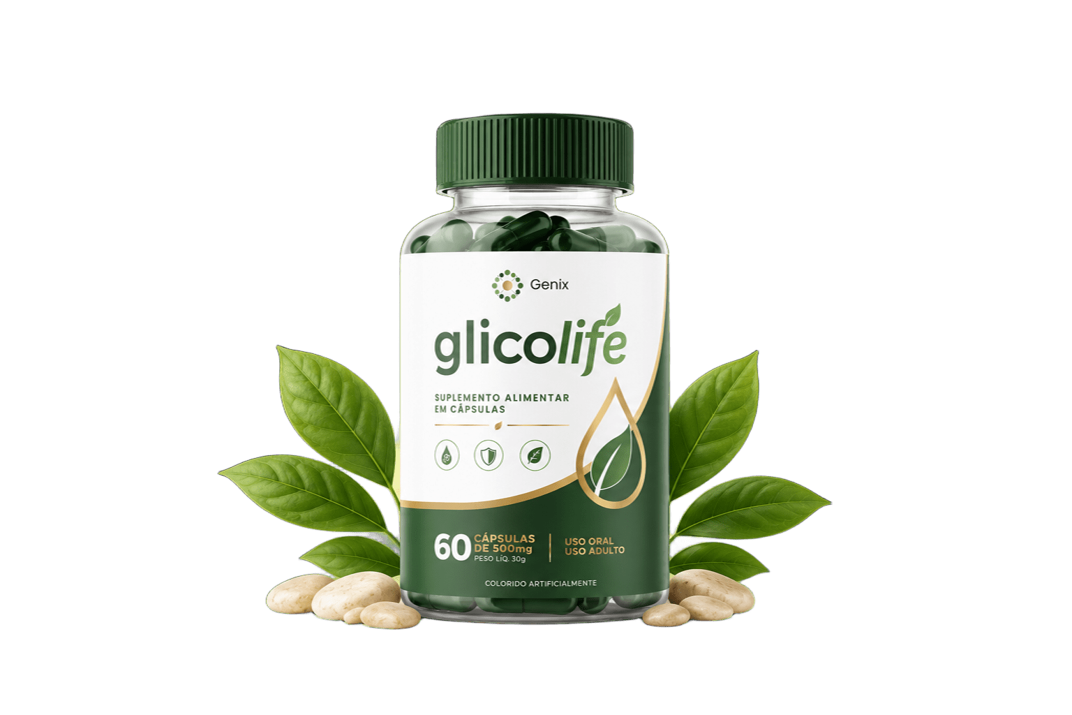 Frasco Glicolife com folhas e pedras