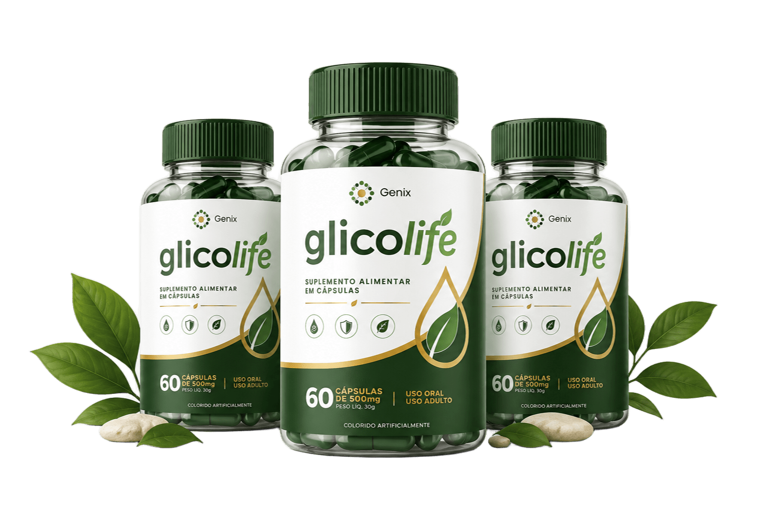 Três frascos Glicolife com folhas e pedras